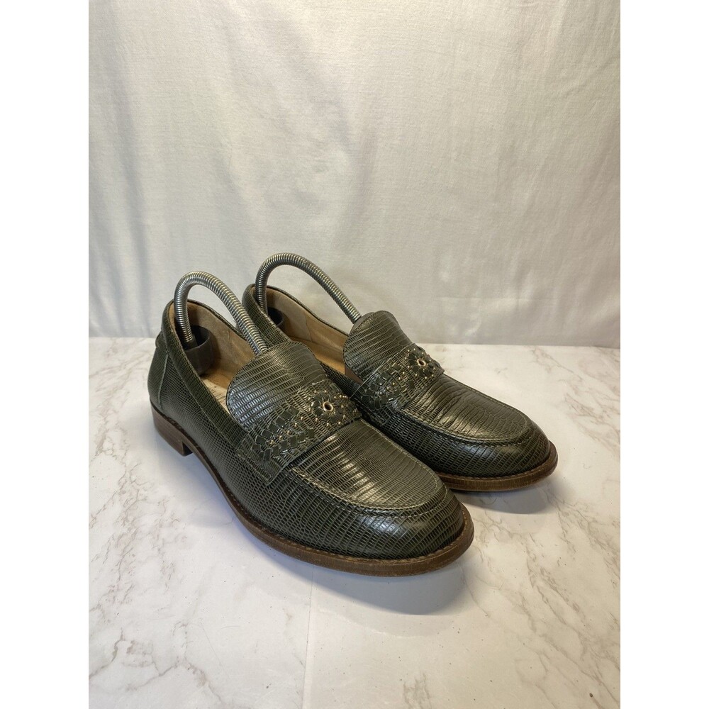 BRIOSO Frisco Womens Green Lizard Embossed Loafers Studded Leather Shoes 10m